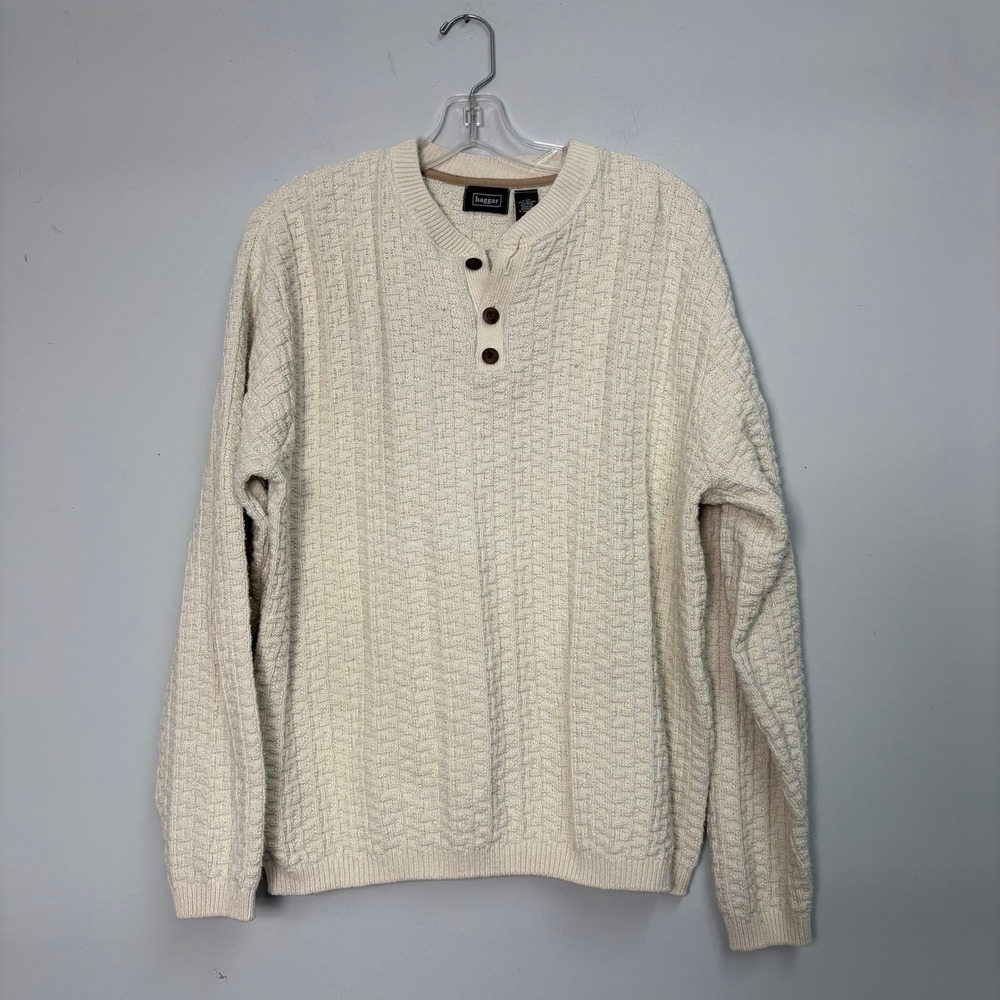 Vtg Haggar Mens Cream Cotton Basketweave Textured Henley Sweater Large L/S Cozy